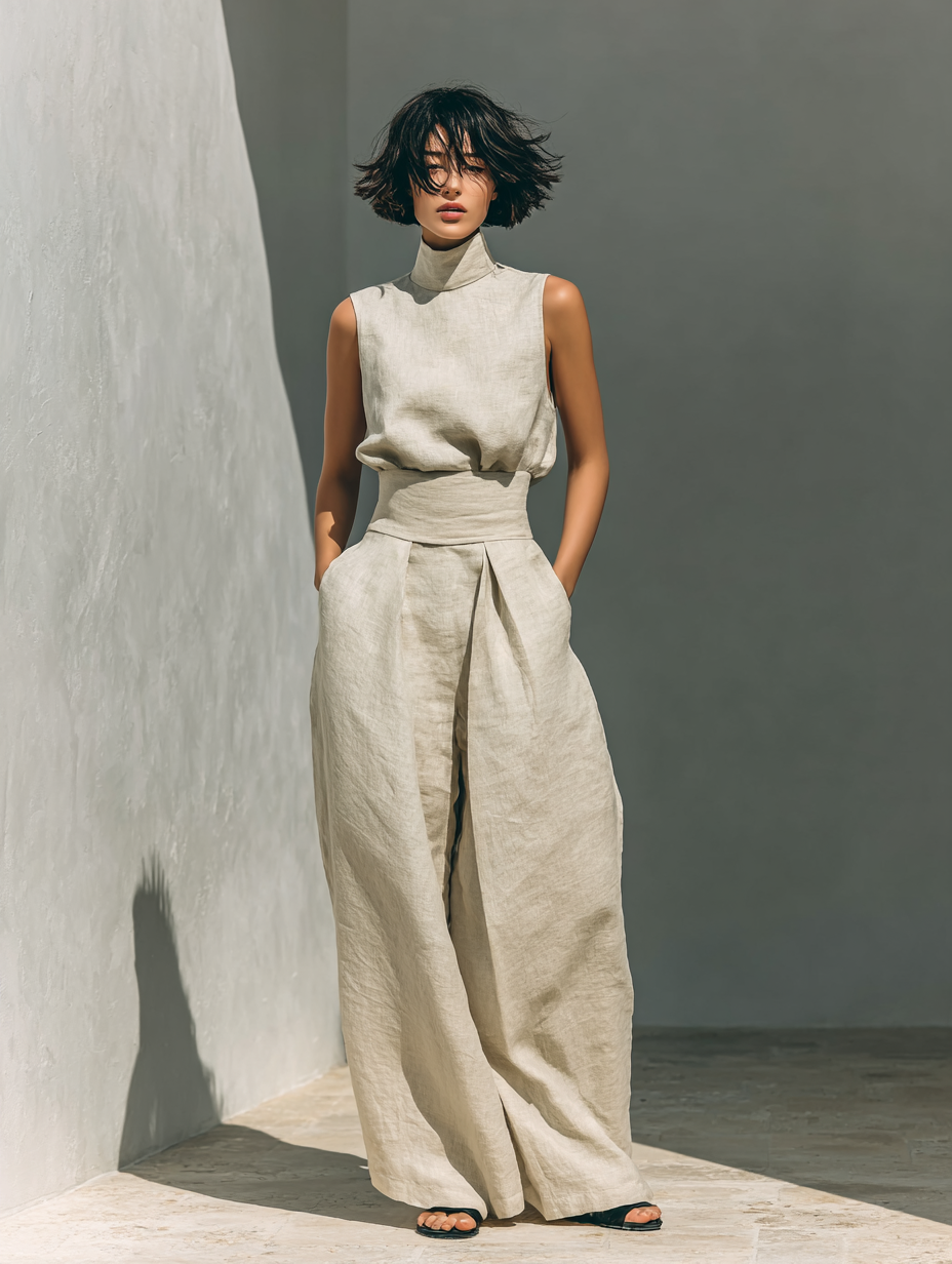 Maria™ Conjunto completo de camiseta de tirantes y pantalón de pernera ancha en algodón y lino
