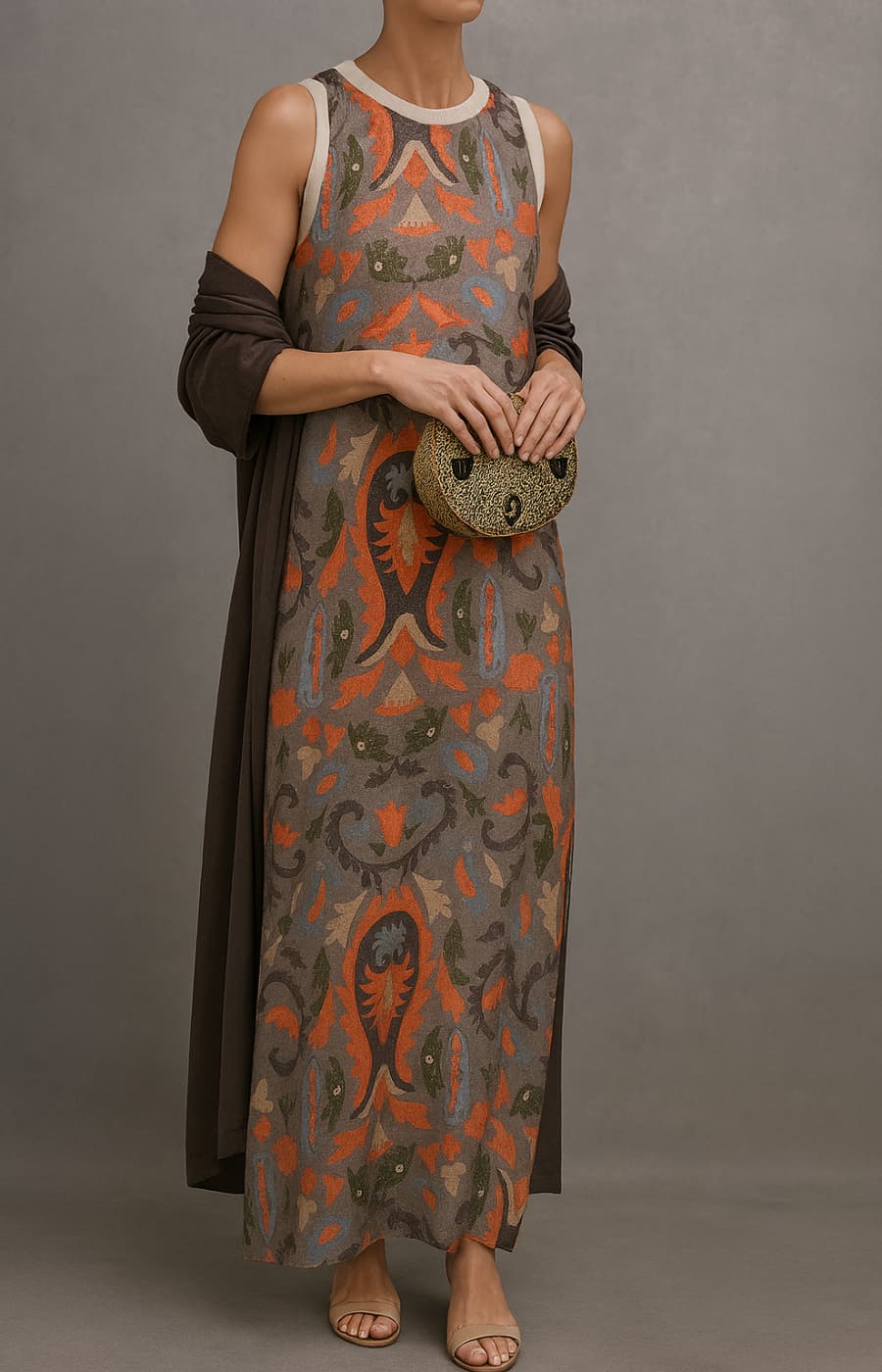 Élina | Conjunto de vestido largo estampado con chaleco a juego