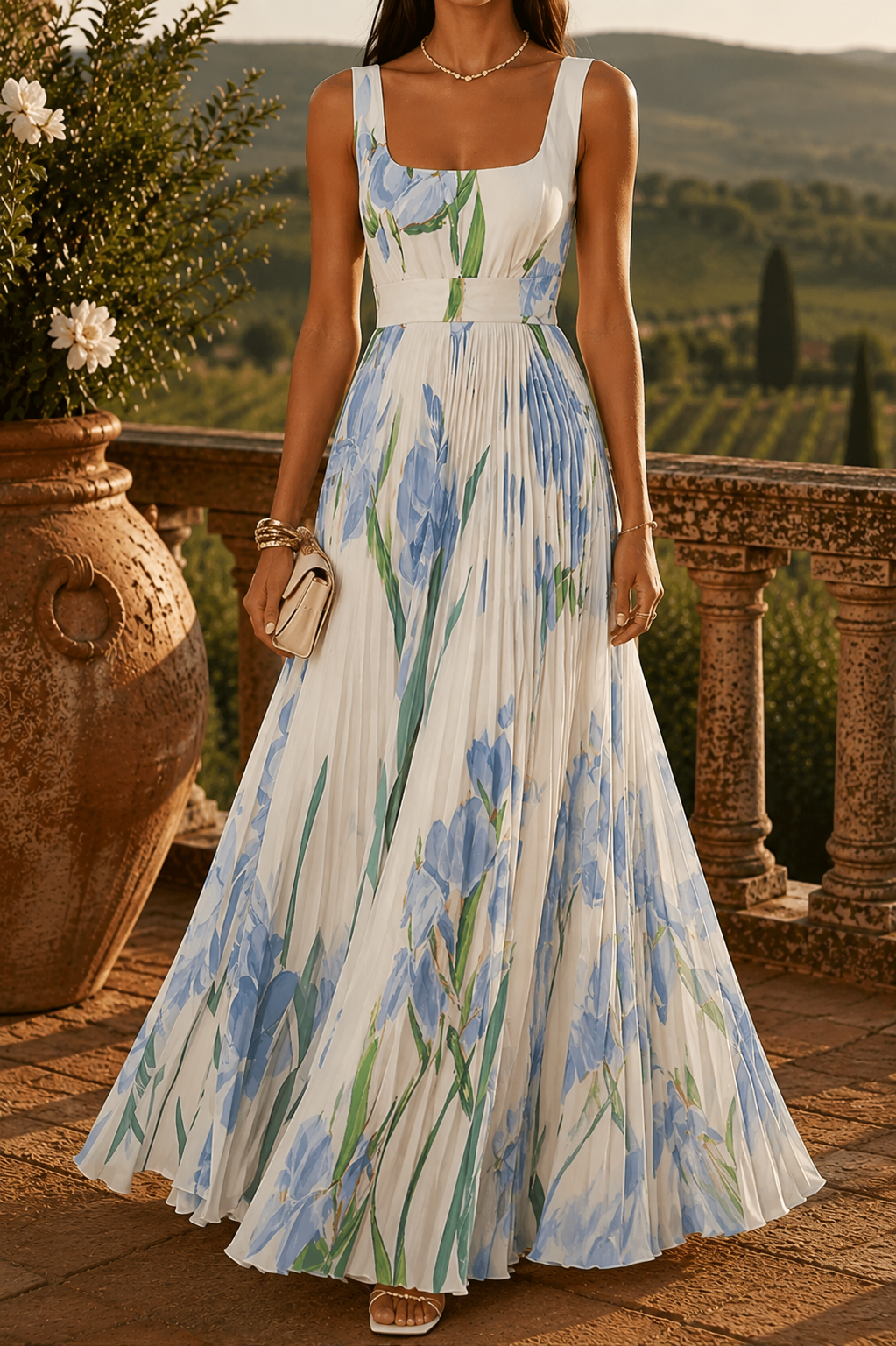 Vestido largo plisado con estampado floral