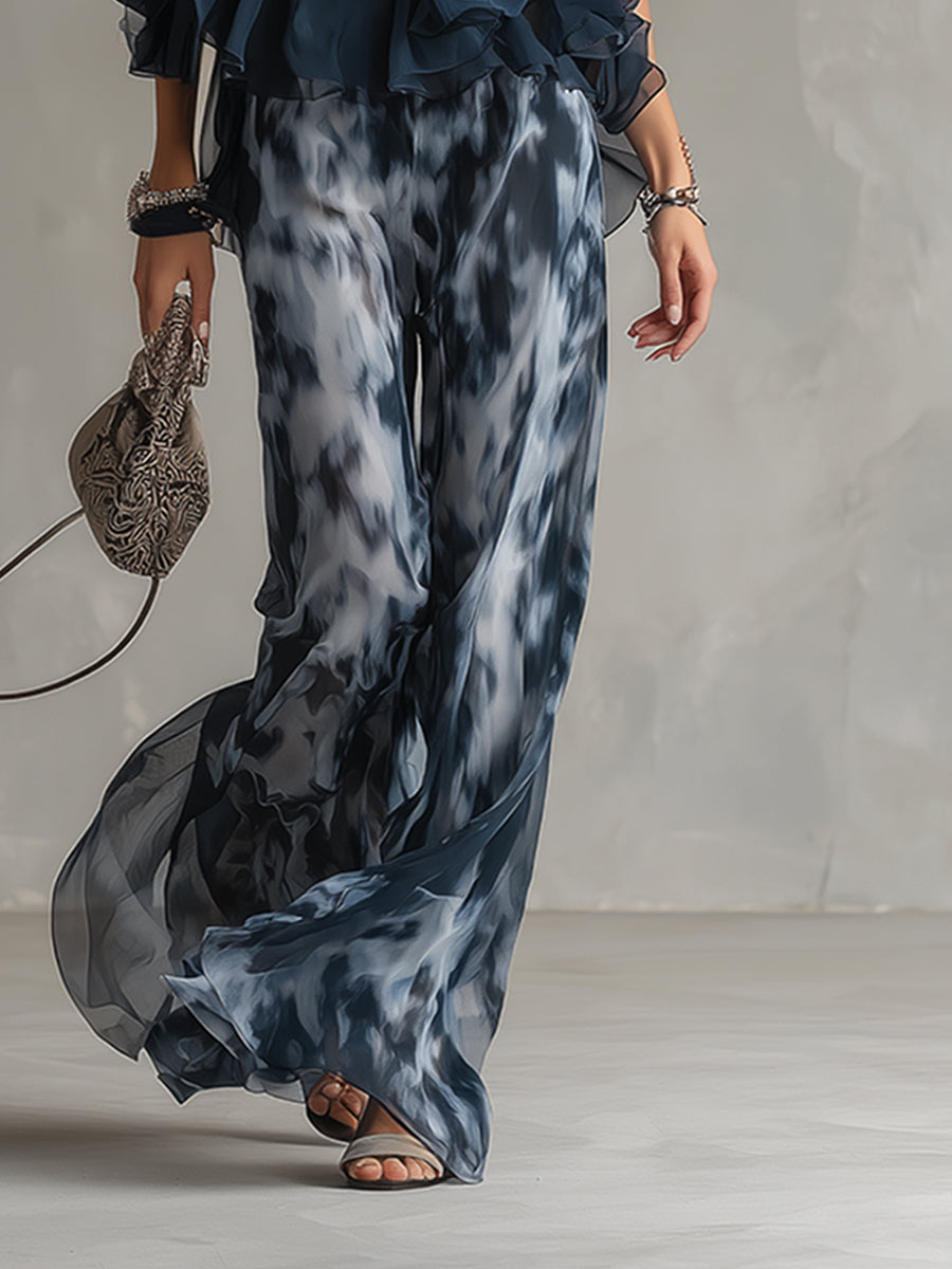 Luisa™ Elegante vestido de gasa con corpiño de cuello alto y pantalón ancho estampado