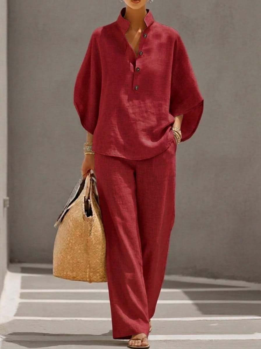 Mariel™ Traje de lino con mangas murciélago y pantalón de pierna ancha