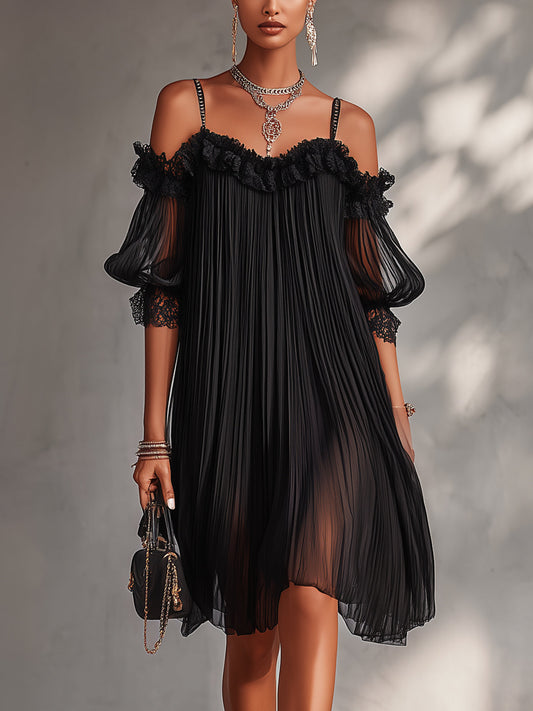 Victoria™ Minivestido negro de muselina con hombros descubiertos y ribete de encaje