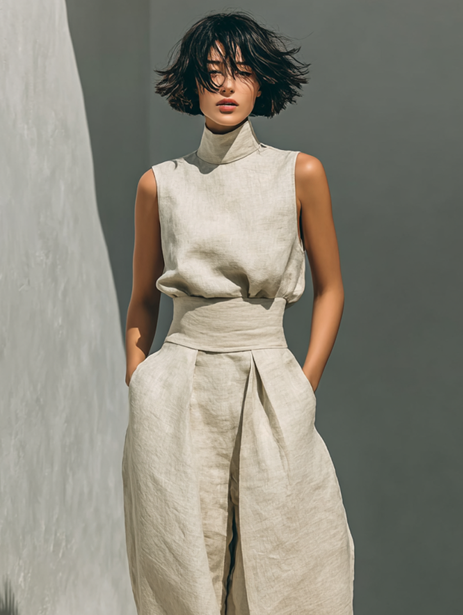 Maria™ Conjunto completo de camiseta de tirantes y pantalón de pernera ancha en algodón y lino