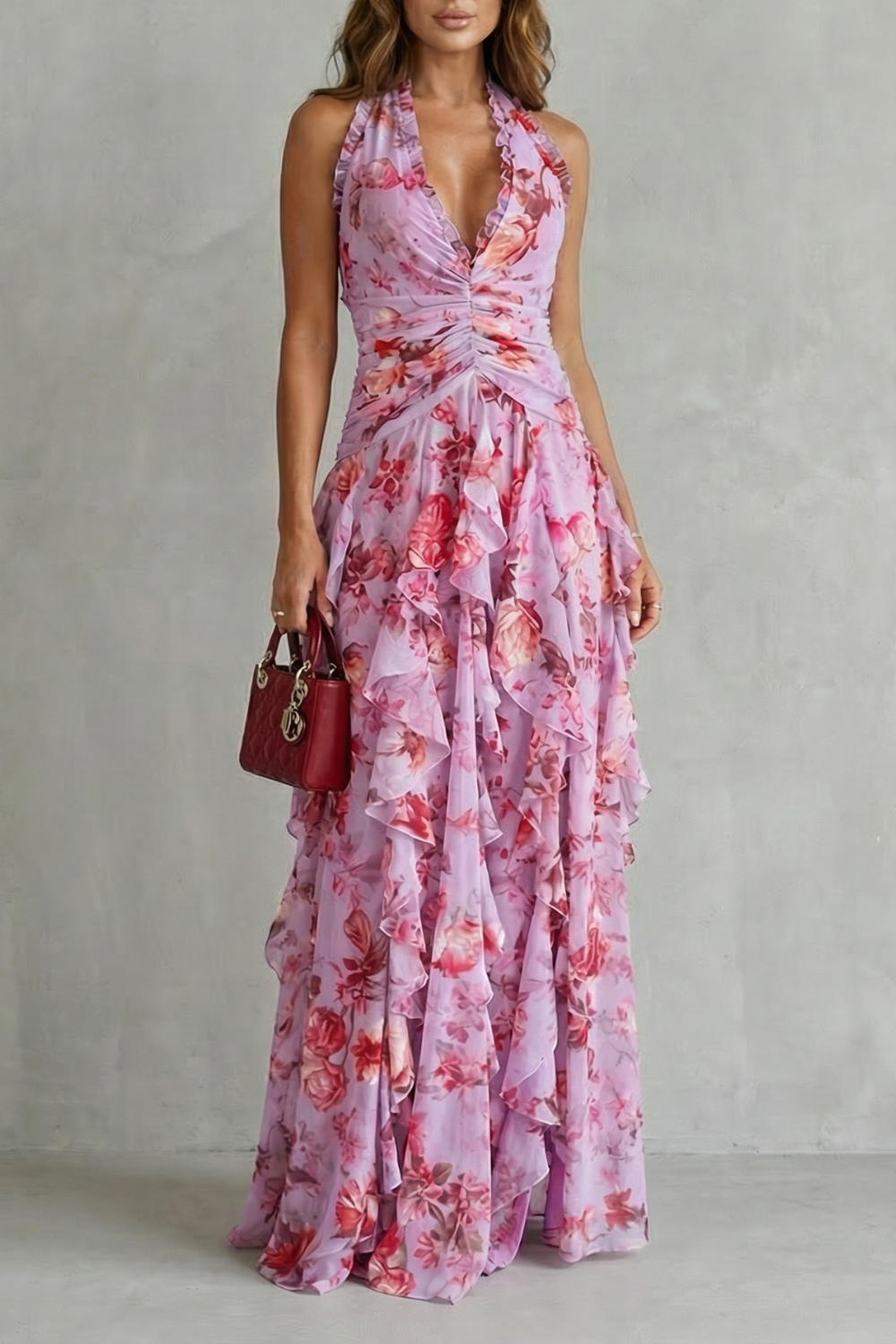 Azuriel™ Vestido largo romántico con escote halter y cascada de rosas