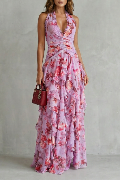 Azuriel™ Vestido largo romántico con escote halter y cascada de rosas