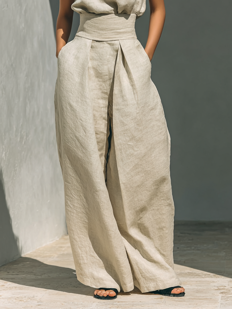 Maria™ Conjunto completo de camiseta de tirantes y pantalón de pernera ancha en algodón y lino