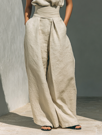 Maria™ Conjunto completo de camiseta de tirantes y pantalón de pernera ancha en algodón y lino