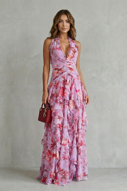 Azuriel™ Vestido largo romántico con escote halter y cascada de rosas