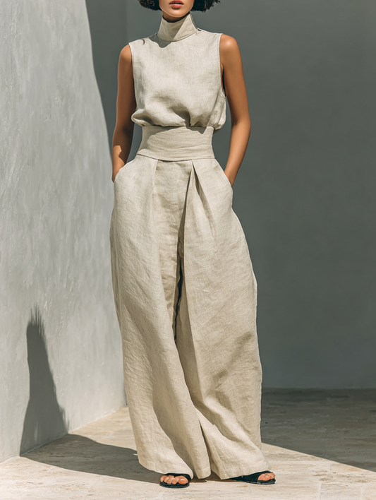 Maria™ Conjunto completo de camiseta de tirantes y pantalón de pernera ancha en algodón y lino