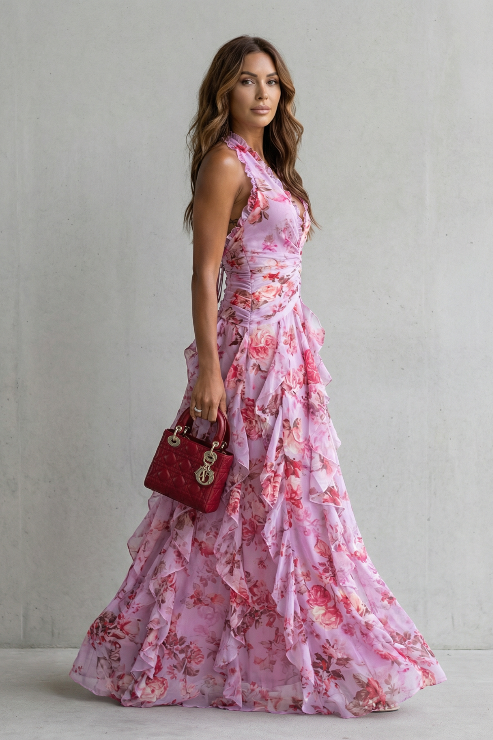 Azuriel™ Vestido largo romántico con escote halter y cascada de rosas