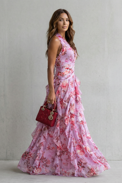 Azuriel™ Vestido largo romántico con escote halter y cascada de rosas