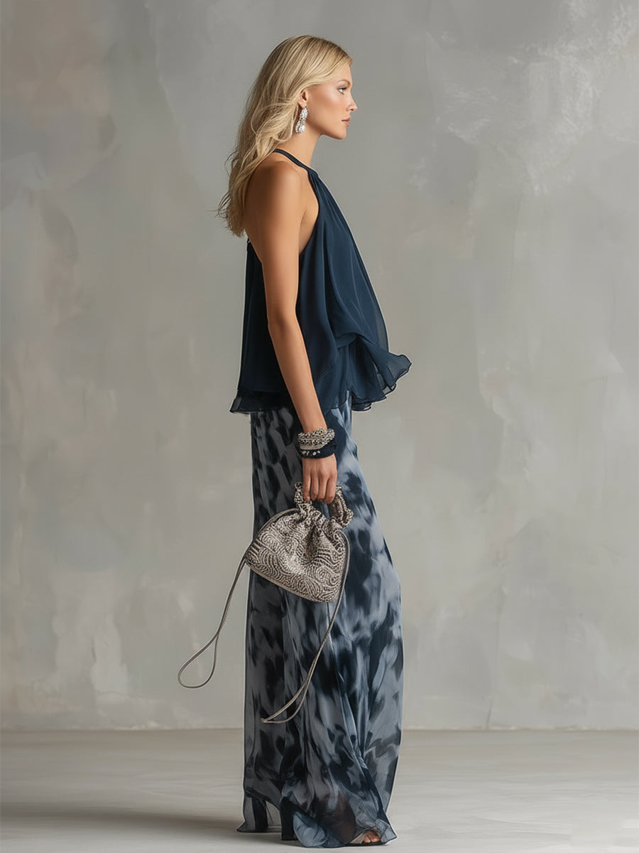 Luisa™ Elegante vestido de gasa con corpiño de cuello alto y pantalón ancho estampado