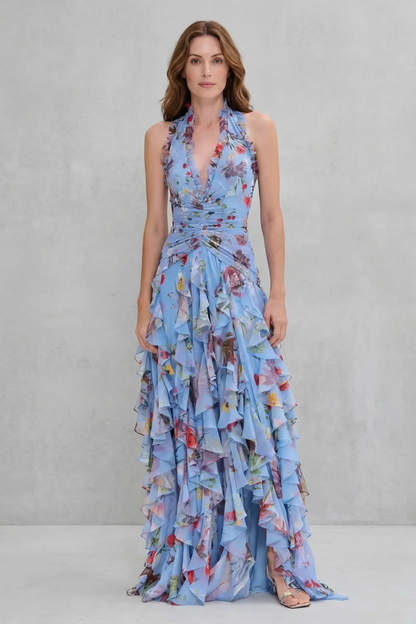 Azuriel™ Vestido largo romántico con escote halter y cascada de rosas