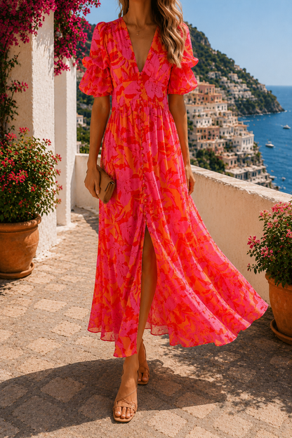 Vestido largo rosa y naranja de estilo resort chic