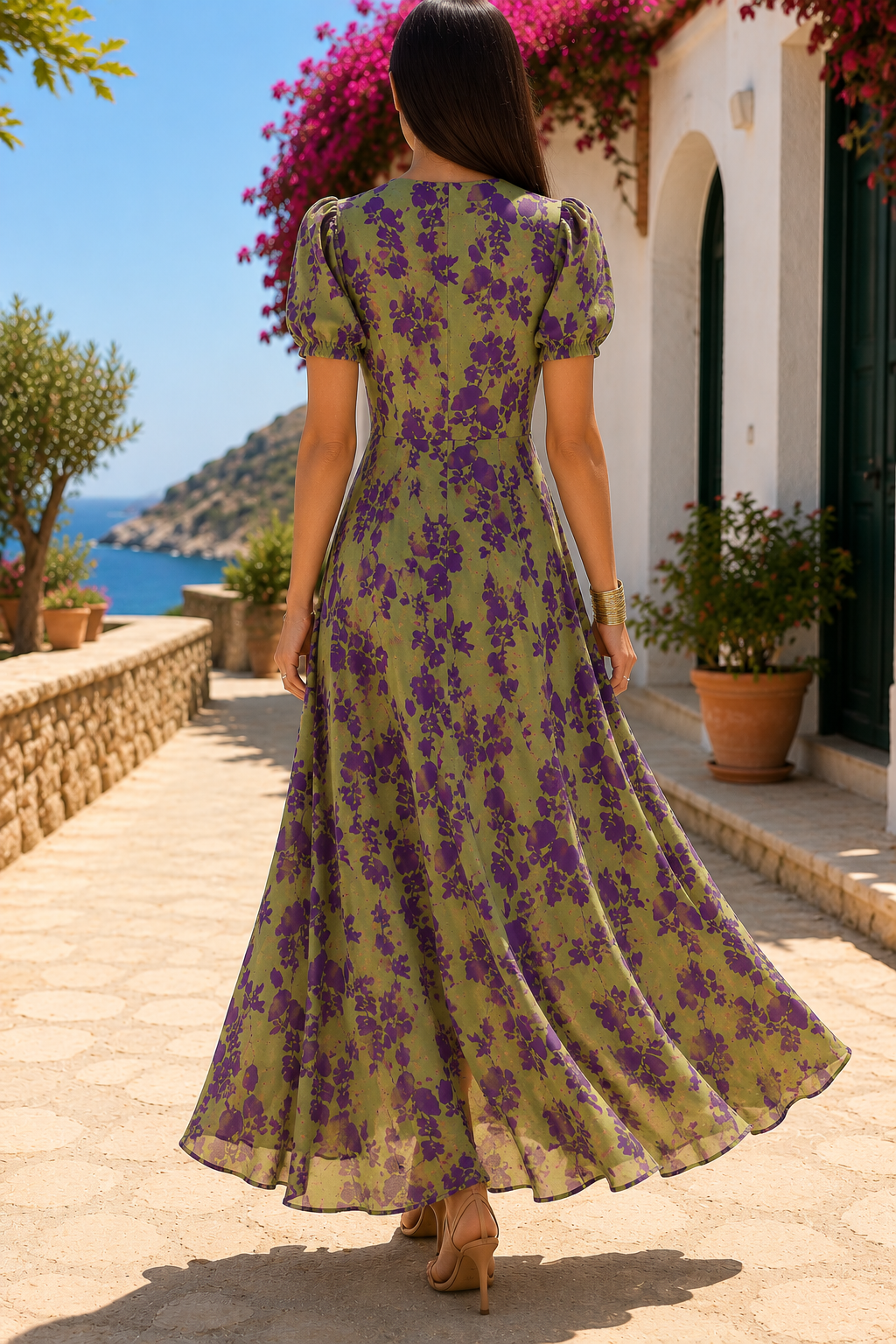 Vestido largo de estilo resort chic en verde y morado