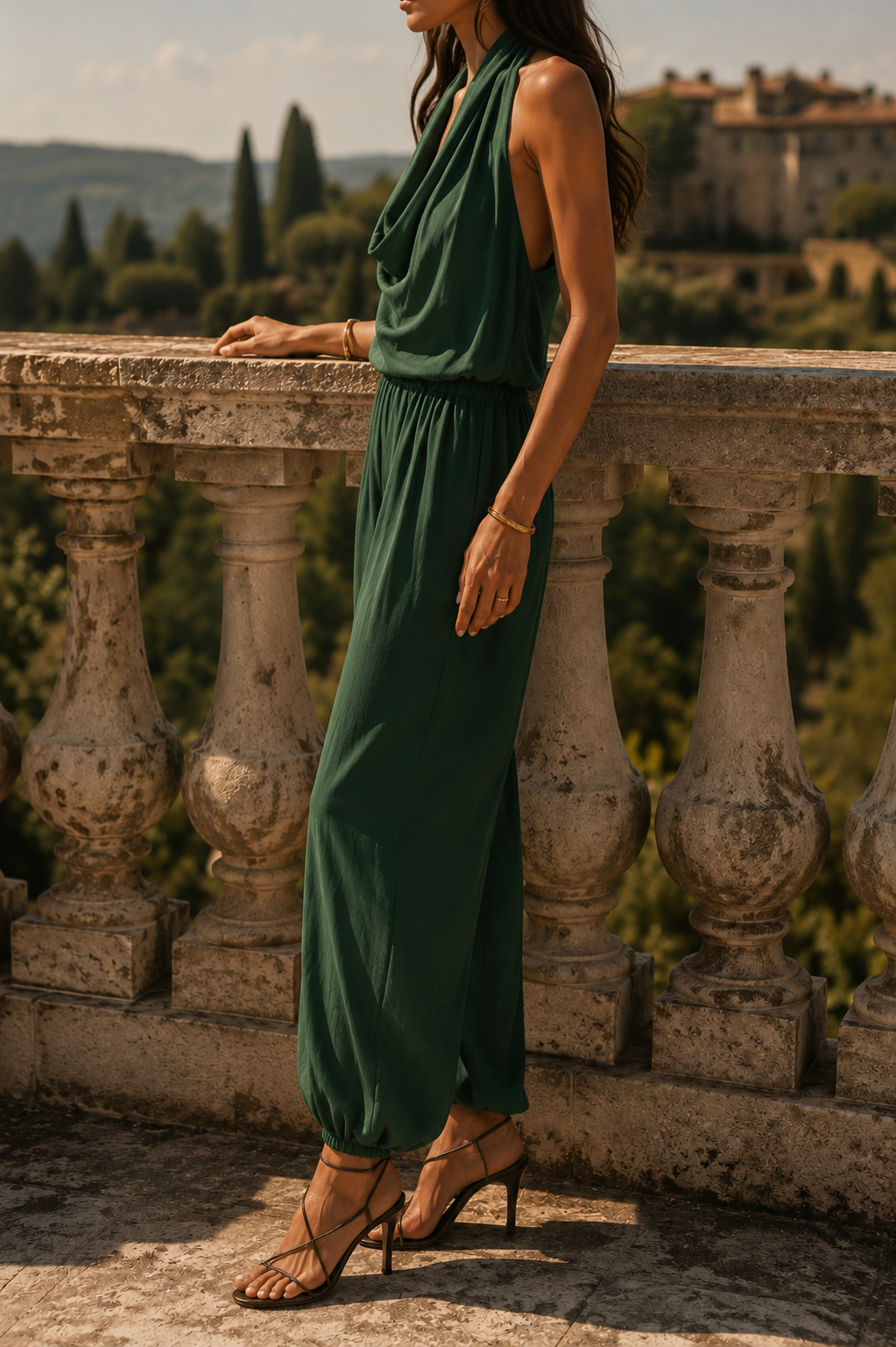 Conjunto refinado con top de escote en V y pantalón ajustado.