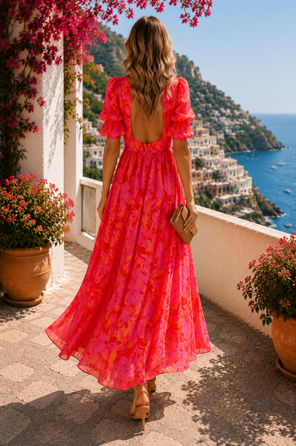 Vestido largo rosa y naranja de estilo resort chic