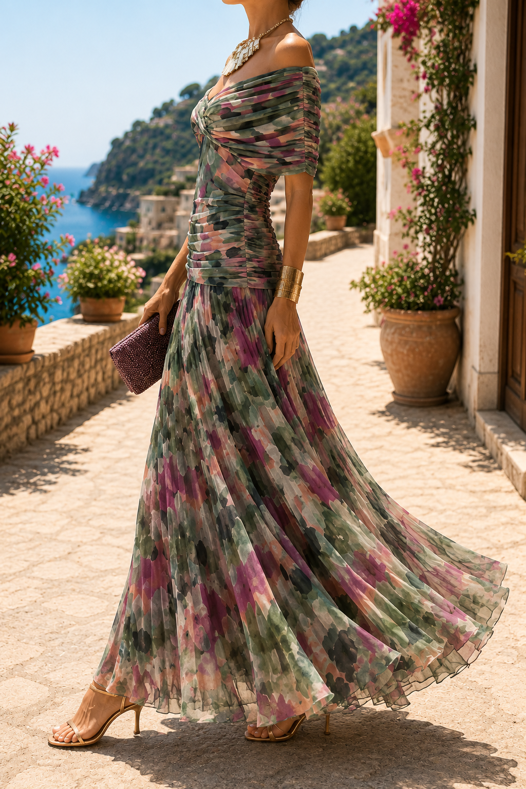 Vestido largo estampado floral con escote de hombros descubiertos.