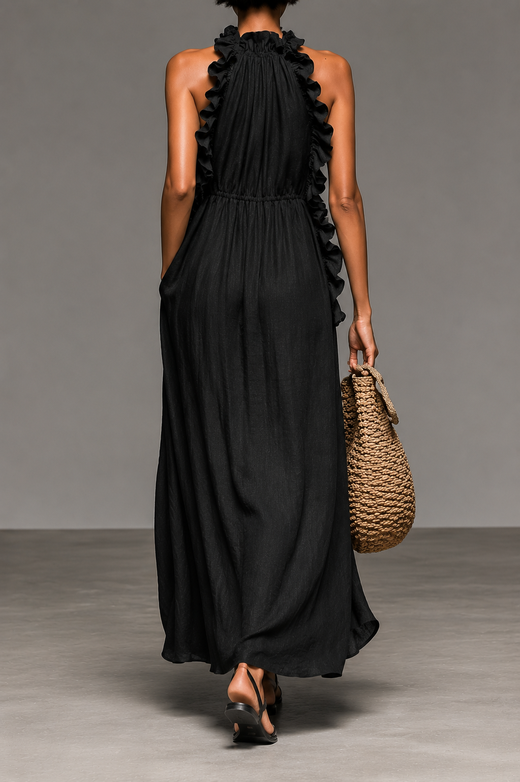 Elegante vestido largo con volantes