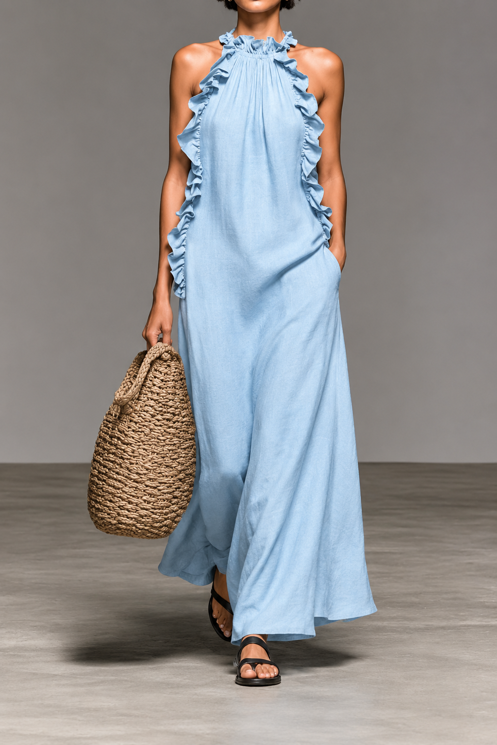 Elegante vestido largo con volantes