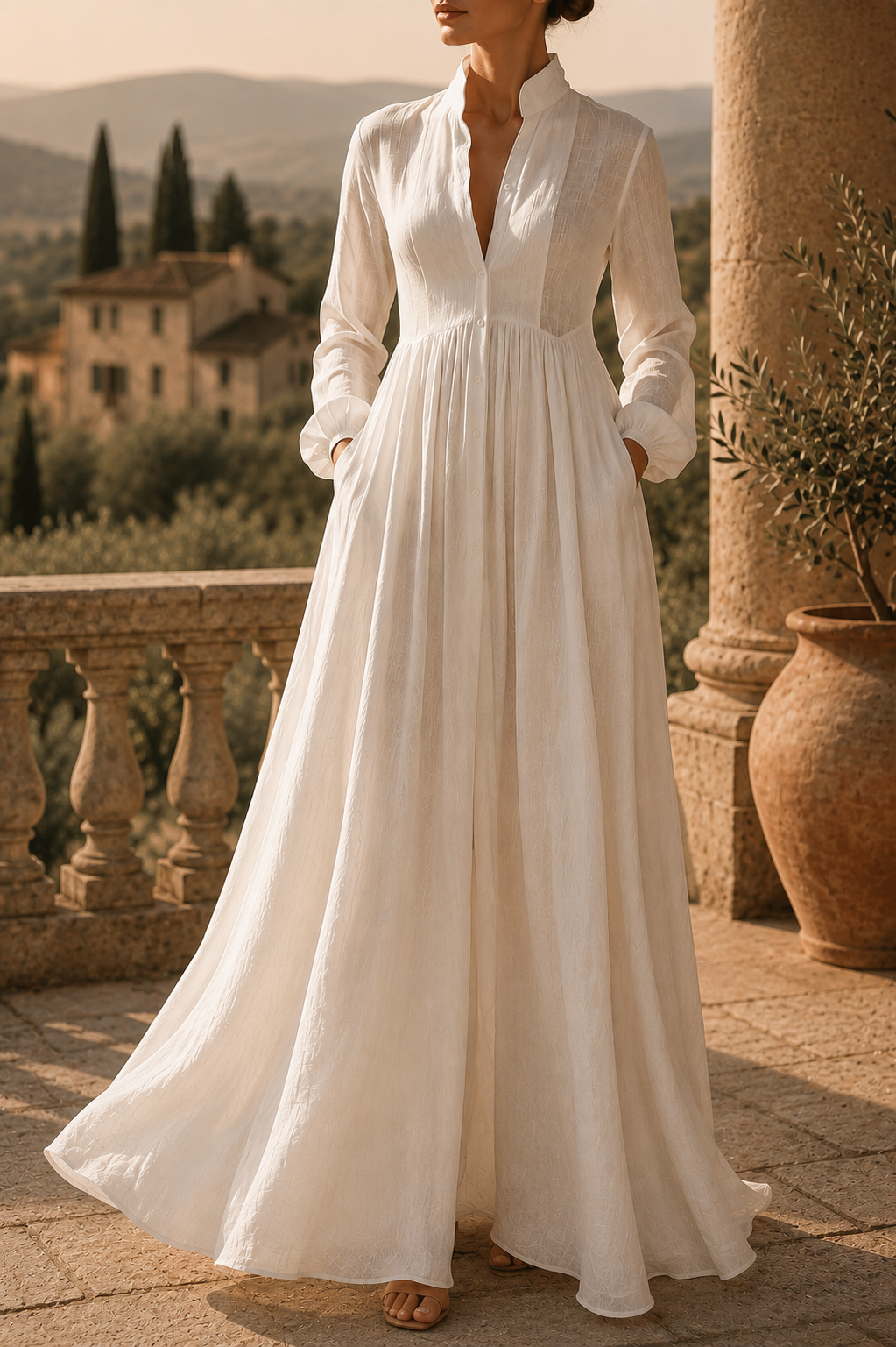 Elegante vestido largo con escote pronunciado.