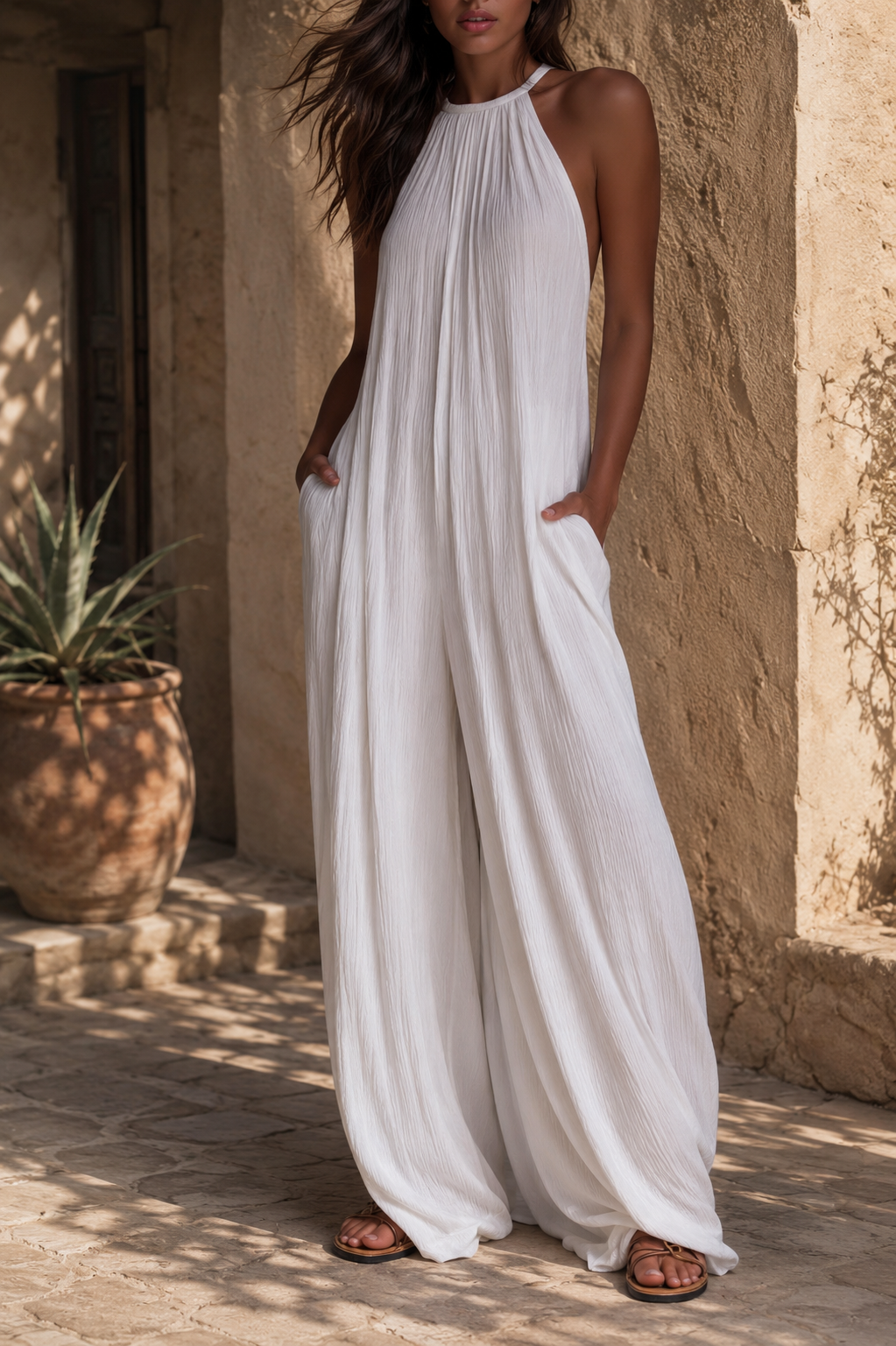 Elegante mono sin mangas con pantalón palazzo.
