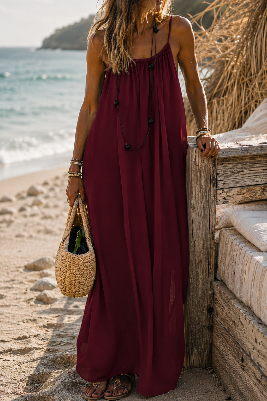 Vestido largo y vaporoso de verano con tirantes finos.