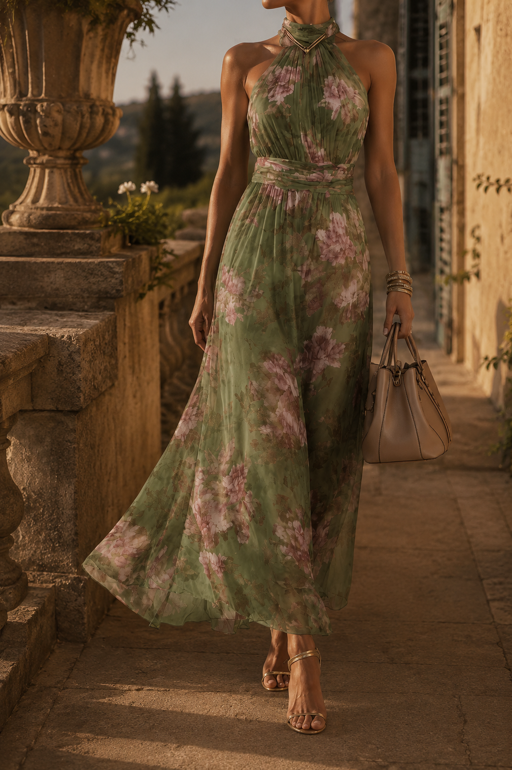 Vestido largo floral con escote halter