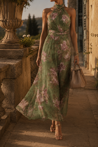 Vestido largo floral con escote halter
