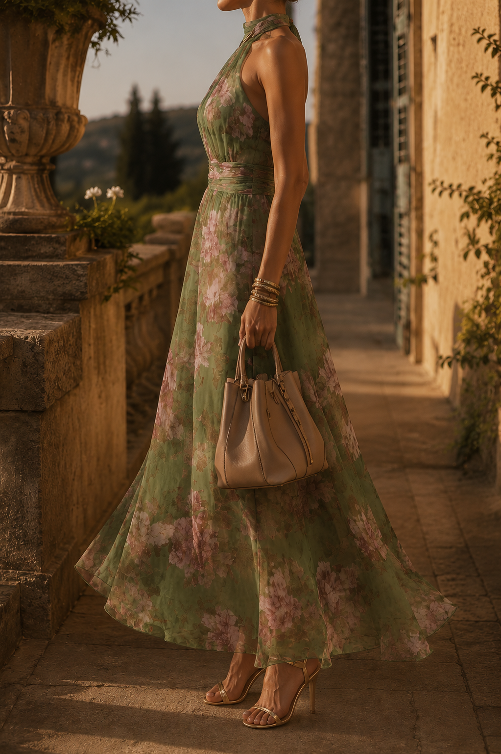 Vestido largo floral con escote halter