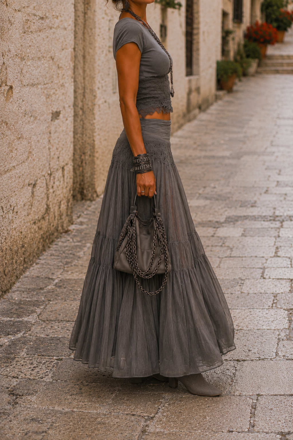 Conjunto boho chic con falda larga