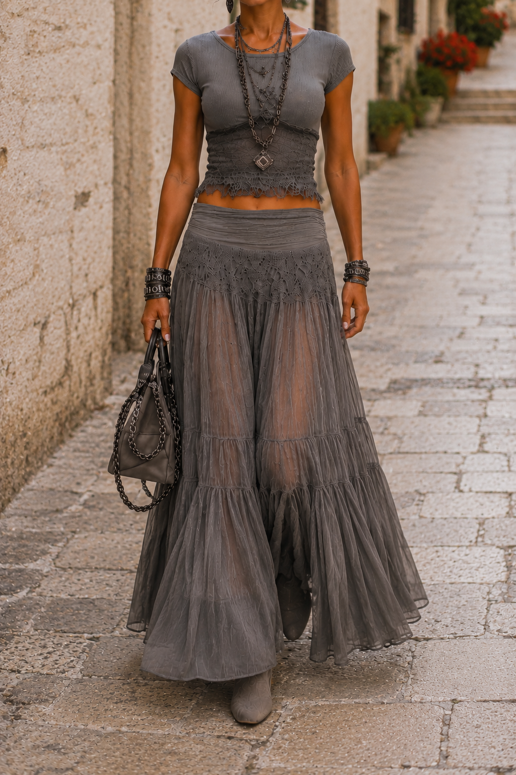 Conjunto boho chic con falda larga