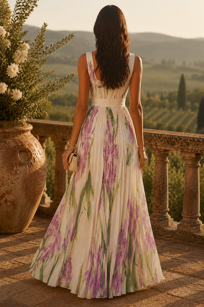 Vestido largo plisado con estampado floral