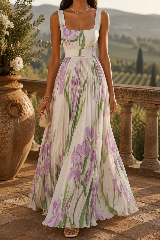 Vestido largo plisado con estampado floral