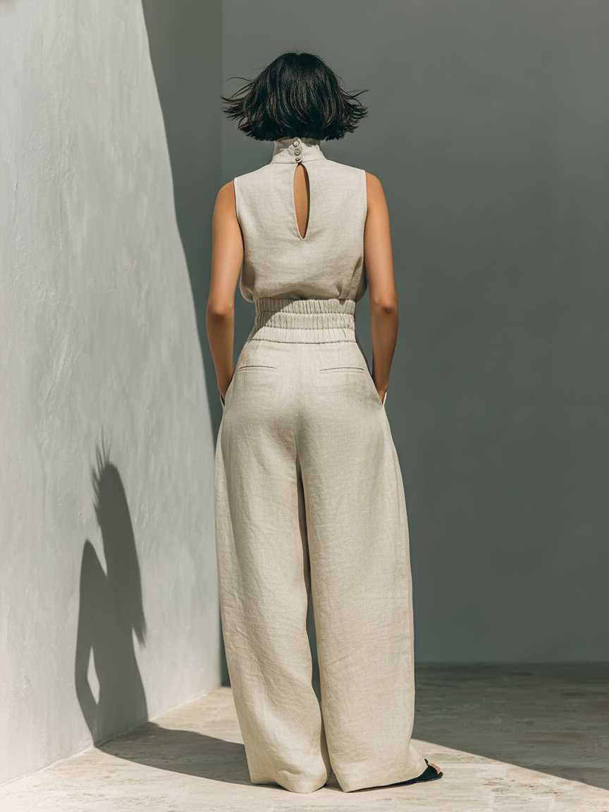 Maria™ Conjunto completo de camiseta de tirantes y pantalón de pernera ancha en algodón y lino