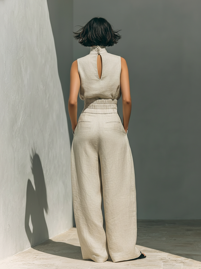 Maria™ Conjunto completo de camiseta de tirantes y pantalón de pernera ancha en algodón y lino
