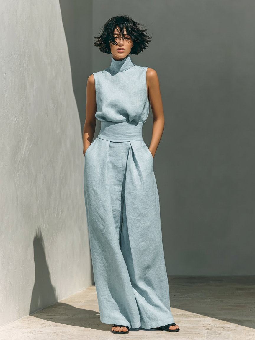 Maria™ Conjunto completo de camiseta de tirantes y pantalón de pernera ancha en algodón y lino