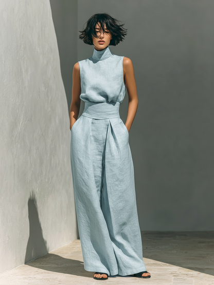 Maria™ Conjunto completo de camiseta de tirantes y pantalón de pernera ancha en algodón y lino