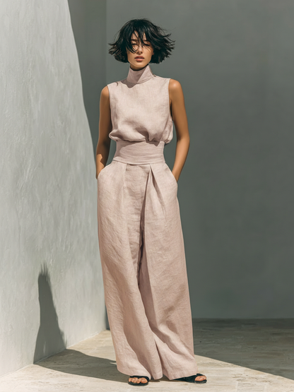 Maria™ Conjunto completo de camiseta de tirantes y pantalón de pernera ancha en algodón y lino