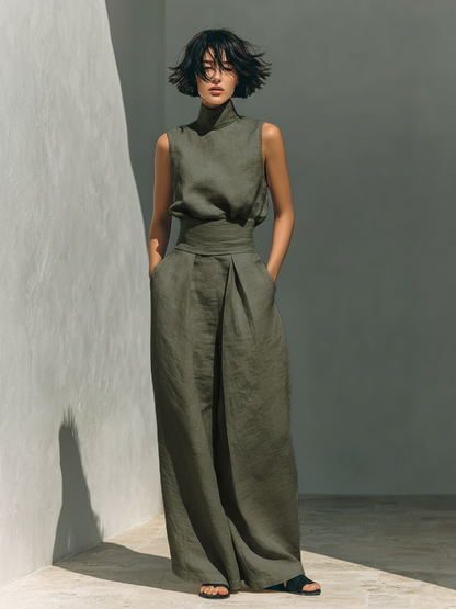 Maria™ Conjunto completo de camiseta de tirantes y pantalón de pernera ancha en algodón y lino