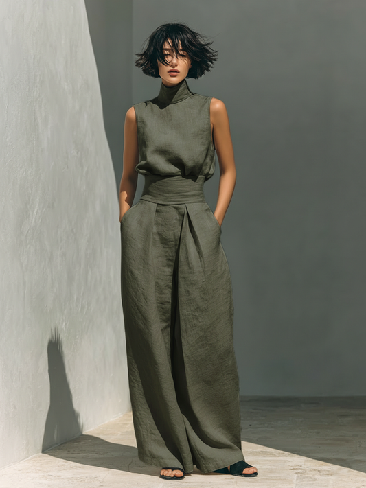 Maria™ Conjunto completo de camiseta de tirantes y pantalón de pernera ancha en algodón y lino