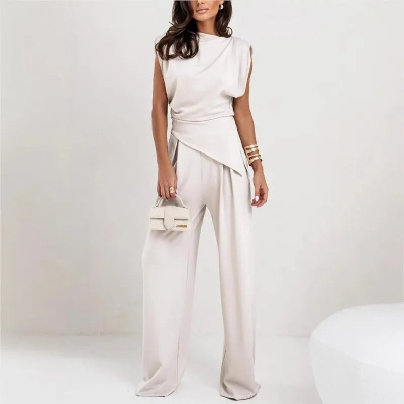 Marina™ Conjunto de dos piezas para mujer con top irregular y pantalones de pierna ancha