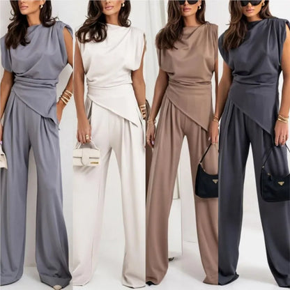 Marina™ Conjunto de dos piezas para mujer con top irregular y pantalones de pierna ancha