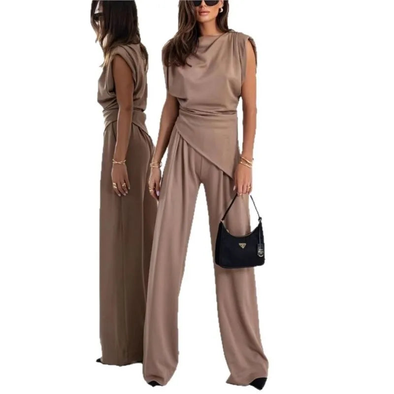 Marina™ Conjunto de dos piezas para mujer con top irregular y pantalones de pierna ancha