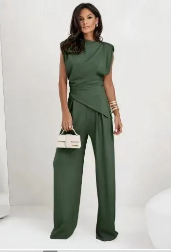 Marina™ Conjunto de dos piezas para mujer con top irregular y pantalones de pierna ancha