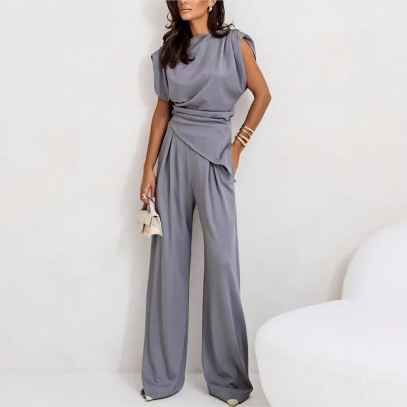 Marina™ Conjunto de dos piezas para mujer con top irregular y pantalones de pierna ancha