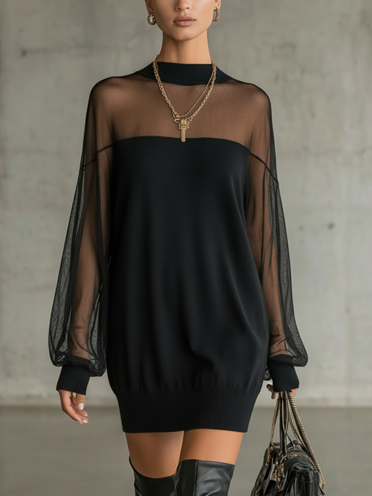 Amelia™ Vestido corto negro elegante con mangas de malla