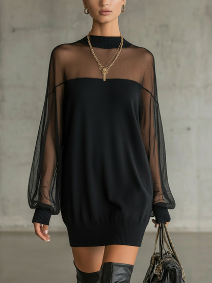 Amelia™ Vestido corto negro elegante con mangas de malla