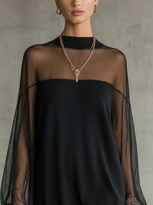 Amelia™ Vestido corto negro elegante con mangas de malla