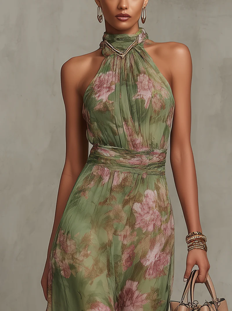 Valisse™ Elegante vestido largo halter con estampado floral